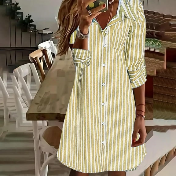 FDGIU ‌2025 Women's Boho Shirt Dress‌, V Neck Summer Dress with Puff Short Sleeve | Button Down Beach Cover Up | Loose Casual Midi Dresses