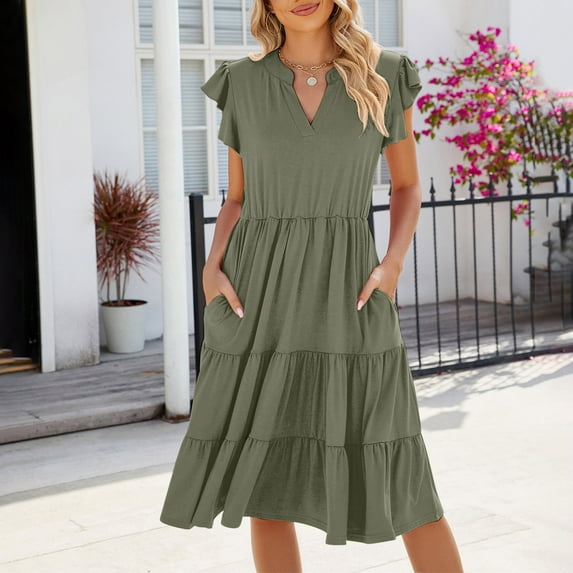 FDGIU 2025 Women's Boho Tiered Swing Dress - Summer V-Neck Ruffle Sleeve Midi Dress with Pockets | Lightweight A-Line Sundress