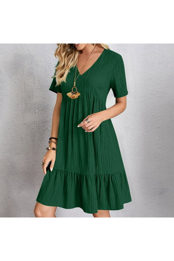 ‌2025 Women's Boho Tiered Swing Dress‌ - Summer V-Neck Ruffle Sleeve Midi Dress with Pockets | Lightweight A-Line Sundress