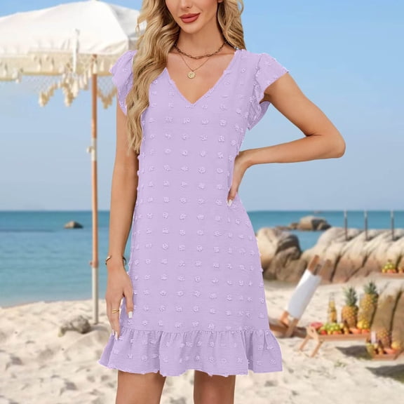 FDGIU 2025 Women's Floral Print Summer Dress - V-Neck A-Line Sundress with Vintage Short Sleeve, Below Knee Boho Beach Dress