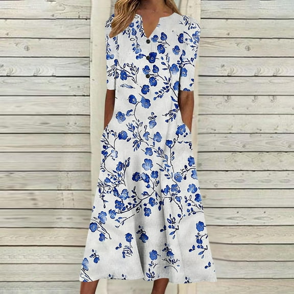 FDGIU 2025 Women's Floral Print Summer Dress - V-Neck A-Line Sundress with Vintage Short Sleeve, Below Knee Boho Beach Dress