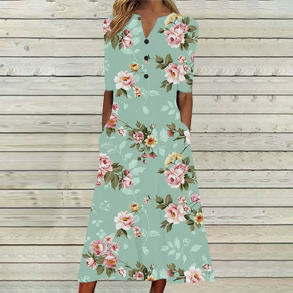 FDGIU 2025 Women's Floral Print Summer Dress - V-Neck A-Line Sundress with Vintage Short Sleeve, Below Knee Boho Beach Dress