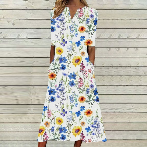 FDGIU 2025 Women's Floral Print Summer Dress - V-Neck A-Line Sundress with Vintage Short Sleeve, Below Knee Boho Beach Dress