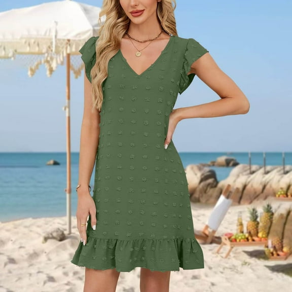 FDGIU 2025 Women's Floral Print Summer Dress - V-Neck A-Line Sundress with Vintage Short Sleeve, Below Knee Boho Beach Dress