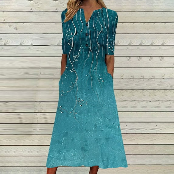 FDGIU 2025 Women's Floral Print Summer Dress - V-Neck A-Line Sundress with Vintage Short Sleeve, Below Knee Boho Beach Dress