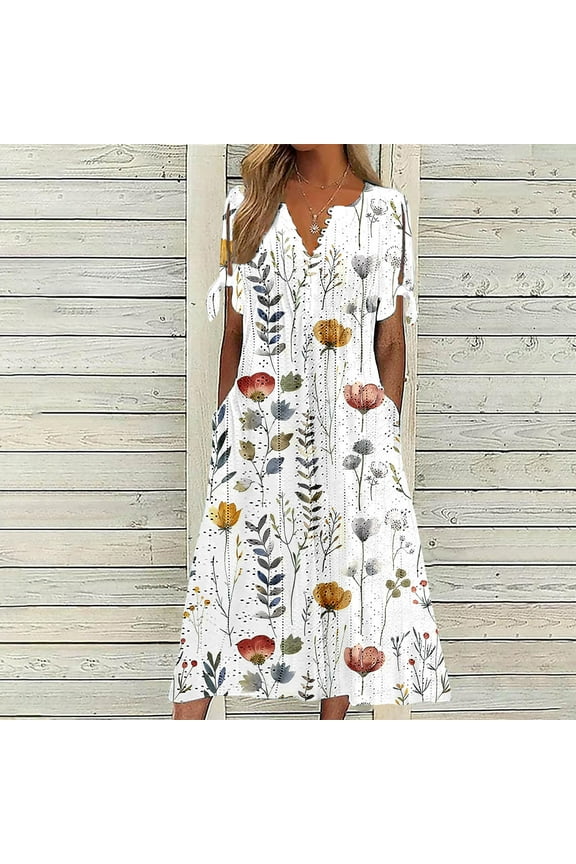 2025 Women's Floral Print Summer Dress - V-Neck A-Line Sundress with Vintage Short Sleeve, Below Knee Boho Beach Dress
