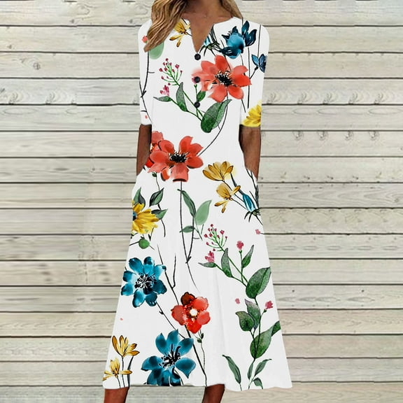 FDGIU 2025 Women's Floral Print Summer Dress - V-Neck A-Line Sundress with Vintage Short Sleeve, Below Knee Boho Beach Dress