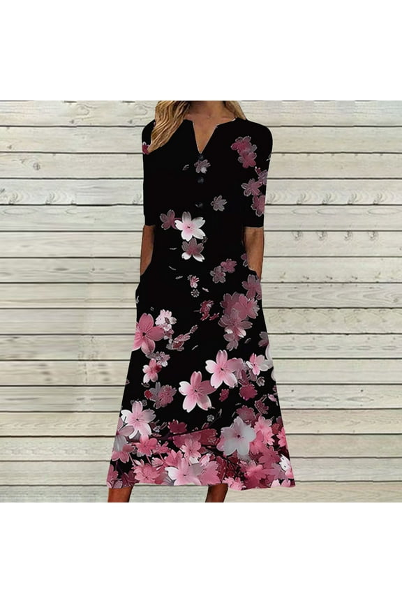 2025 Women's Floral Print Summer Dress - V-Neck A-Line Sundress with Vintage Short Sleeve, Below Knee Boho Beach Dress
