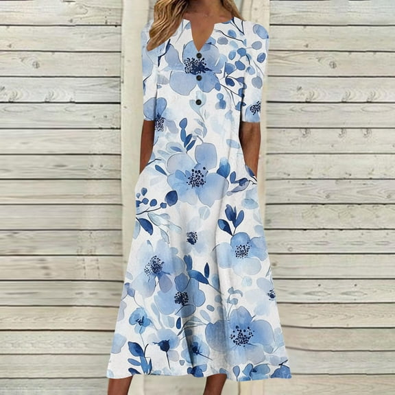 FDGIU 2025 Women's Floral Print Summer Dress - V-Neck A-Line Sundress with Vintage Short Sleeve, Below Knee Boho Beach Dress