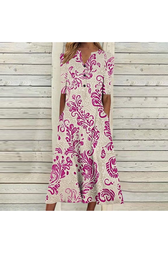 2025 Women's Floral Print Summer Dress - V-Neck A-Line Sundress with Vintage Short Sleeve, Below Knee Boho Beach Dress