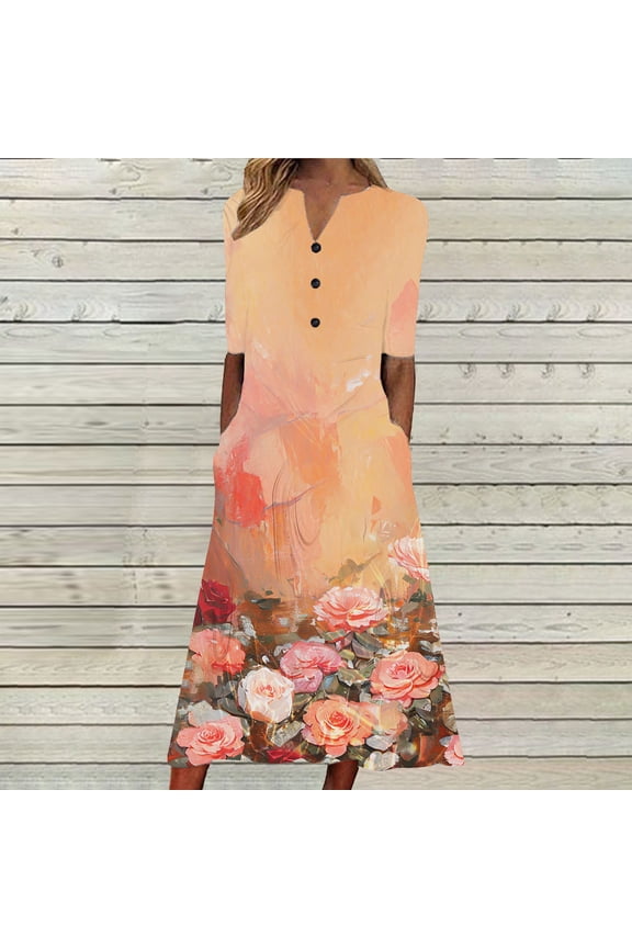 2025 Women's Floral Print Summer Dress - V-Neck A-Line Sundress with Vintage Short Sleeve, Below Knee Boho Beach Dress