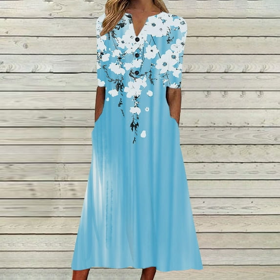 FDGIU 2025 Women's Floral Print Summer Dress - V-Neck A-Line Sundress with Vintage Short Sleeve, Below Knee Boho Beach Dress