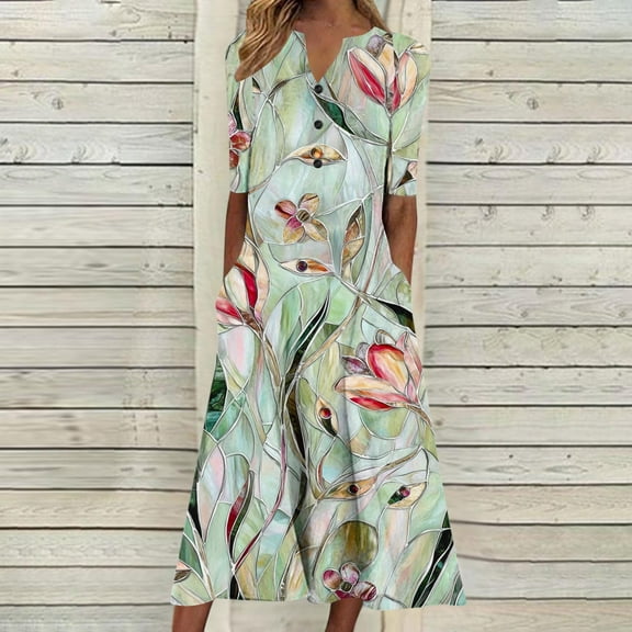 FDGIU 2025 Women's Floral Print Summer Dress - V-Neck A-Line Sundress with Vintage Short Sleeve, Below Knee Boho Beach Dress