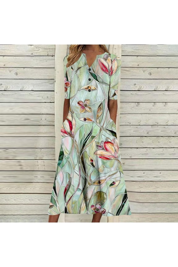 2025 Women's Floral Print Summer Dress - V-Neck A-Line Sundress with Vintage Short Sleeve, Below Knee Boho Beach Dress