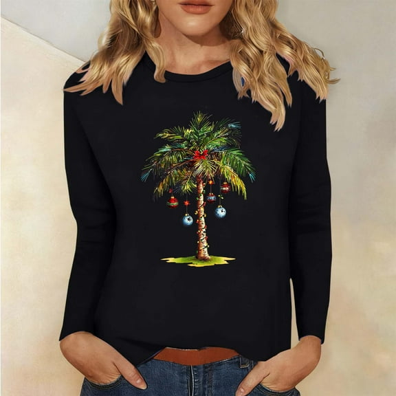 FDGIU 2025 Women's Funny Christmas Shirt - Long Sleeve Crew Neck Tunic Top, Cute Holiday Print for Party & Family Gathering