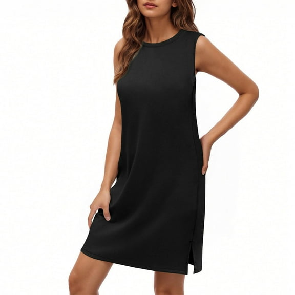 FDGIU 2025 Women's Linen Summer Dresses - Sleeveless Round Neck Smocked Tiered Midi Sundress, Loose Flowy Beach Casual Boho Tank Dress