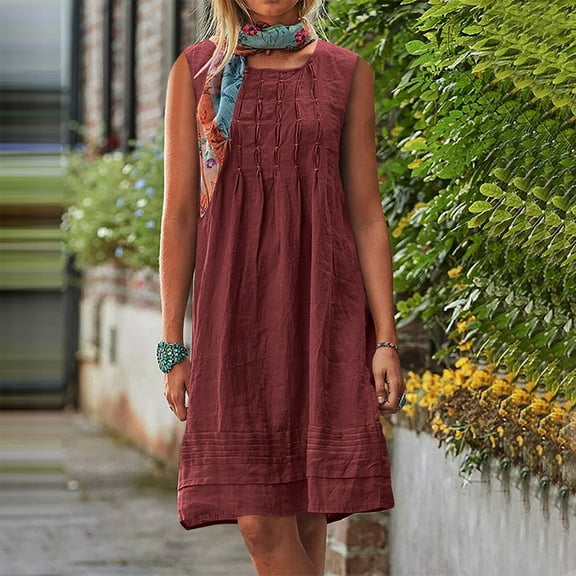 FDGIU 2025 Women's Linen Summer Dresses - Sleeveless Round Neck Smocked Tiered Midi Sundress, Loose Flowy Beach Casual Boho Tank Dress