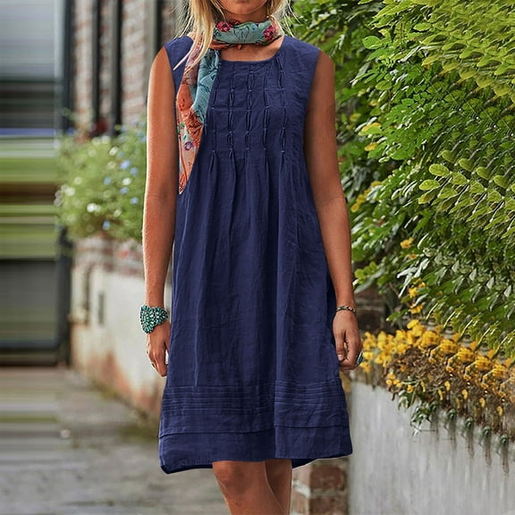 FDGIU 2025 Women's Linen Summer Dresses - Sleeveless Round Neck Smocked Tiered Midi Sundress, Loose Flowy Beach Casual Boho Tank Dress