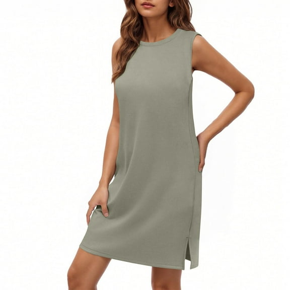 FDGIU 2025 Women's Linen Summer Dresses - Sleeveless Round Neck Smocked Tiered Midi Sundress, Loose Flowy Beach Casual Boho Tank Dress