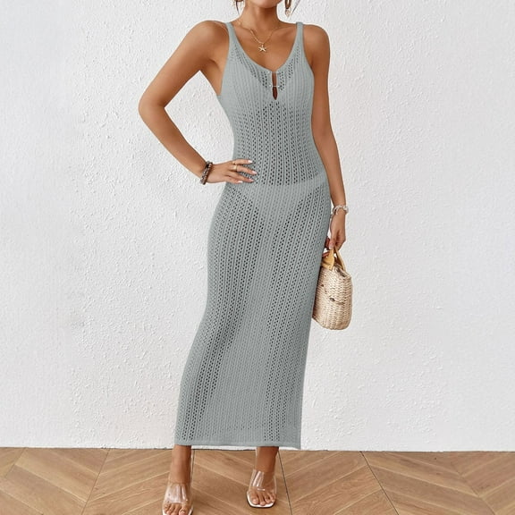 FDGIU 2025 Women's Linen Summer Dresses - Sleeveless Round Neck Smocked Tiered Midi Sundress, Loose Flowy Beach Casual Boho Tank Dress