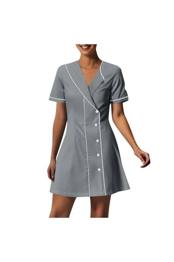 2025 Women's Nursing Scrub Dress - Button Down Lapel Short Sleeve Uniform with Pockets, Breathable V-Neck Workwear for Hospital/Spa/Housekeeping