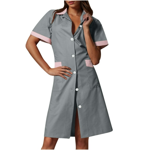 FDGIU 2025 Women's Nursing Scrub Dress - Button Down Lapel Short Sleeve Uniform with Pockets, Breathable V-Neck Workwear for Hospital/Spa/Housekeeping