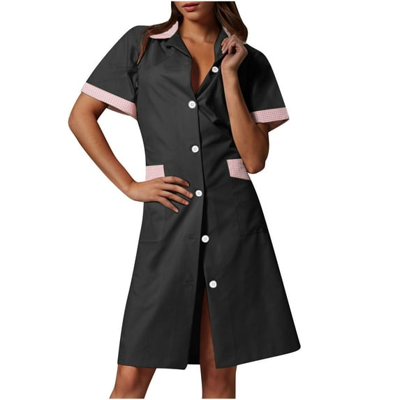 FDGIU 2025 Women's Nursing Scrub Dress - Button Down Lapel Short Sleeve Uniform with Pockets, Breathable V-Neck Workwear for Hospital/Spa/Housekeeping