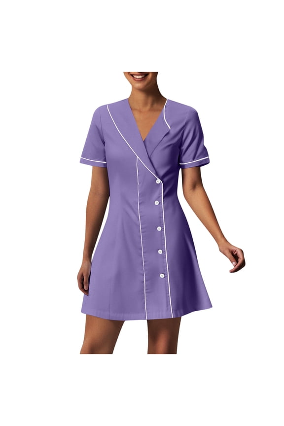 2025 Women's Nursing Scrub Dress - Button Down Lapel Short Sleeve Uniform with Pockets, Breathable V-Neck Workwear for Hospital/Spa/Housekeeping