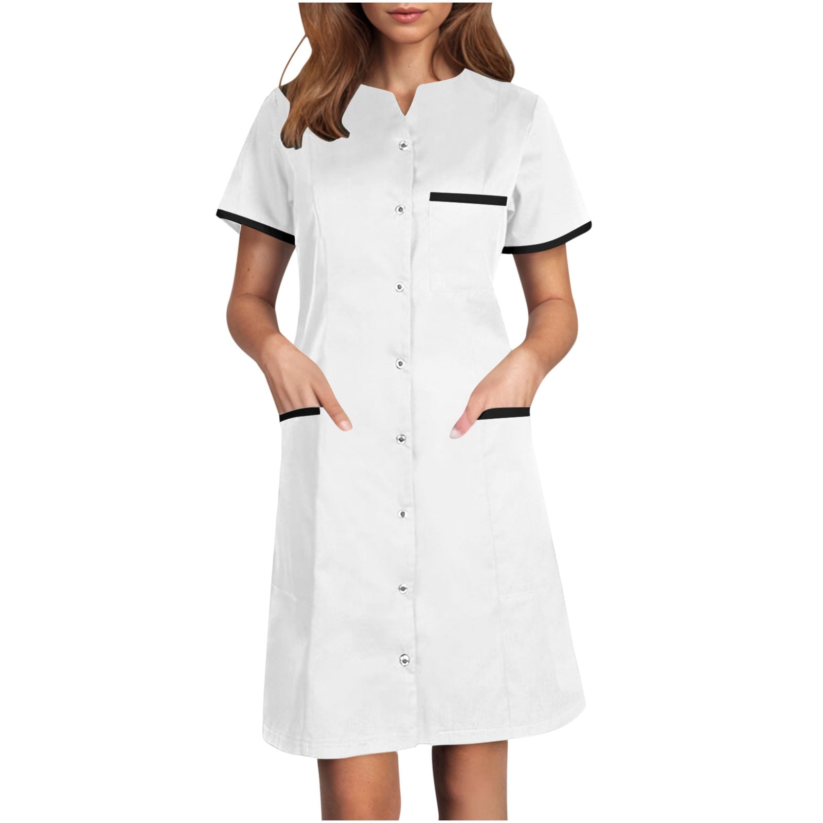 white scrub dress for nurses WULMLEO Nurse Scrubs Women Formal Lapel Neck Short Sleeve Button Down Work Dress Comfy Nursing Uniform L Bust 38 White Dress Nurses Uniform Design