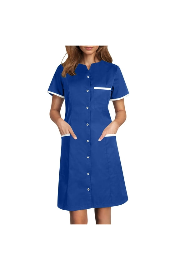 2025 Women's Nursing Scrub Dress - Button Down Lapel Short Sleeve Uniform with Pockets, Breathable V-Neck Workwear for Hospital/Spa/Housekeeping