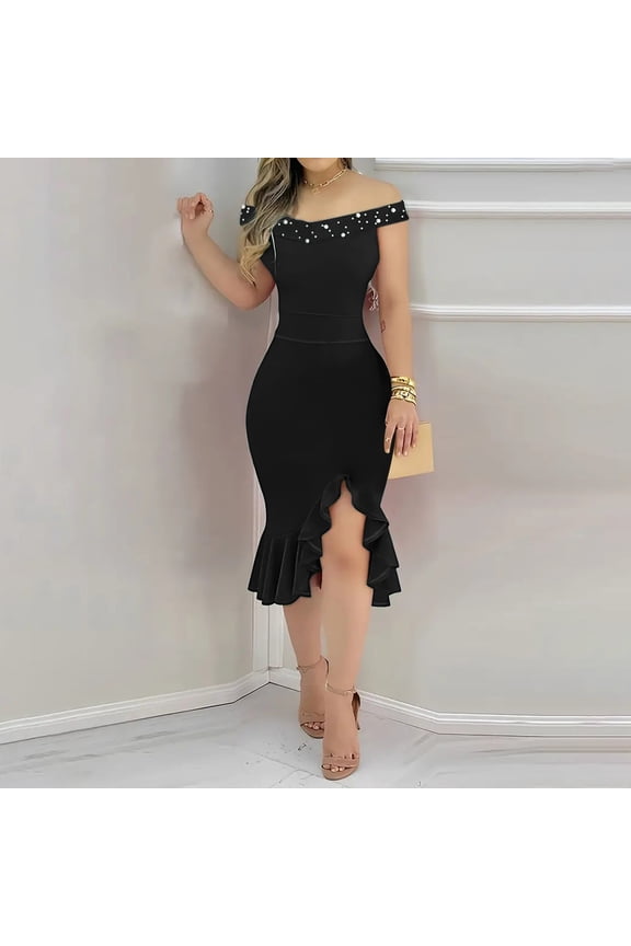 2025 Women's Off Shoulder Bodycon Midi Dress - Sexy Pearl Strap & Ruffle Hem Cocktail Dress