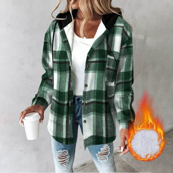 FDGIU 2025 Women's Plaid Shacket Jacket - Long Sleeve Flannel Trench Coat, Snap Button Casual Winter Coat