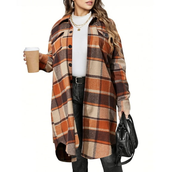 FDGIU 2025 Women's Plaid Shacket Jacket - Long Sleeve Flannel Trench Coat, Snap Button Casual Winter Coat