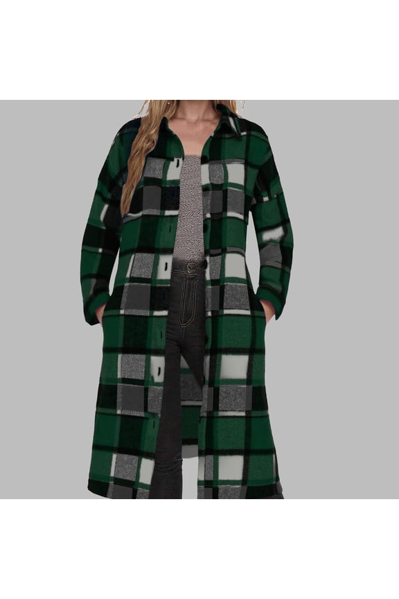 2025 Women's Plaid Shacket Jacket - Long Sleeve Flannel Trench Coat, Snap Button Casual Winter Coat