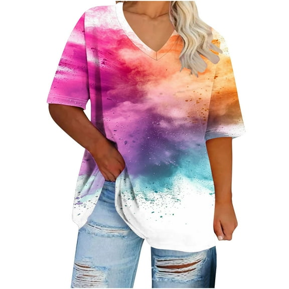 FDGIU 2025 Women's Plus Size Oversized Tunic Tops - Soft Cotton V-Neck Half Sleeve Tee Shirts, Summer Casual Loose Fit