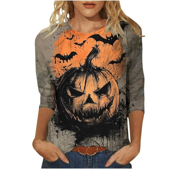 FDGIU 2025 Women's Plus Size Tunic Tops - Funny Halloween Novelty Shirts, 3/4 Length Sleeve Crew Neck Blouse, Loose Fit Casual Fall Winter Tops