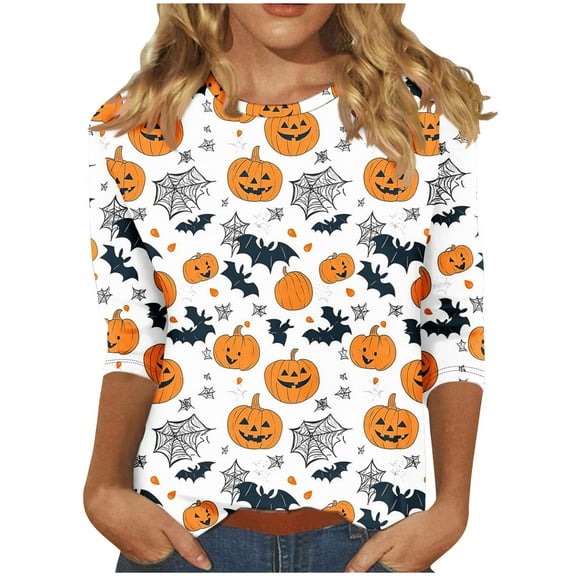 FDGIU 2025 Women's Plus Size Tunic Tops - Funny Halloween Novelty Shirts, 3/4 Length Sleeve Crew Neck Blouse, Loose Fit Casual Fall Winter Tops