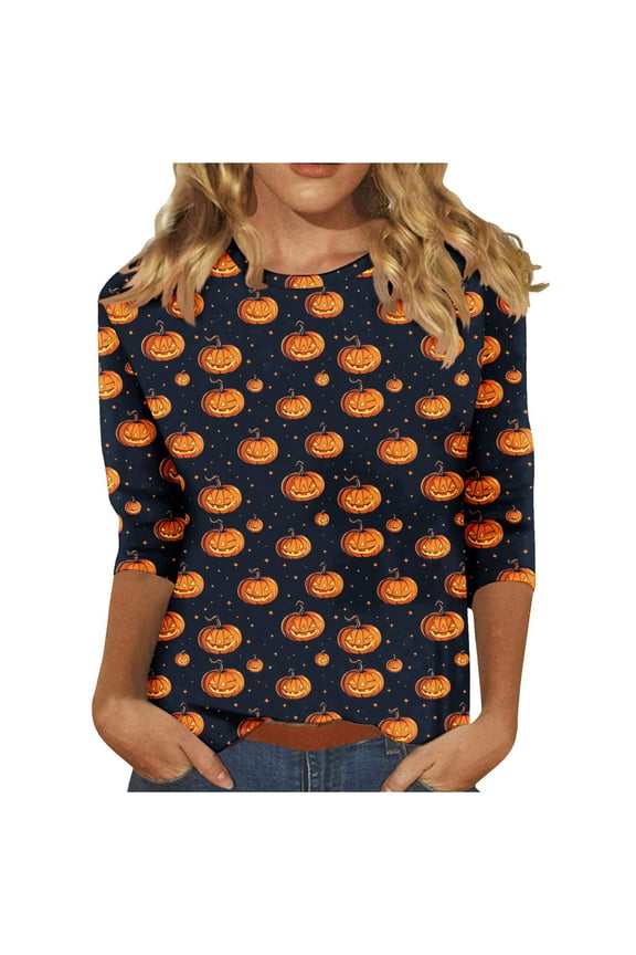 2025 Women's Plus Size Tunic Tops - Funny Halloween Novelty Shirts, 3/4 Length Sleeve Crew Neck Blouse, Loose Fit Casual Fall Winter Tops