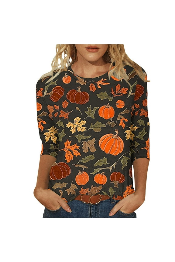 2025 Women's Plus Size Tunic Tops - Funny Halloween Novelty Shirts, 3/4 Length Sleeve Crew Neck Blouse, Loose Fit Casual Fall Winter Tops
