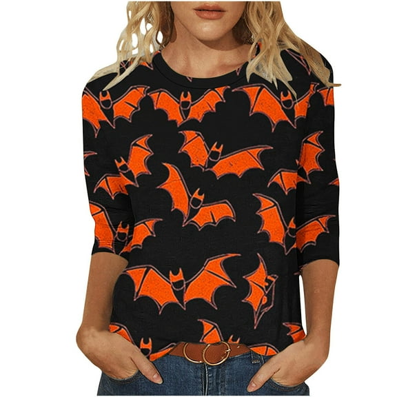 FDGIU 2025 Women's Plus Size Tunic Tops - Funny Halloween Novelty Shirts, 3/4 Length Sleeve Crew Neck Blouse, Loose Fit Casual Fall Winter Tops