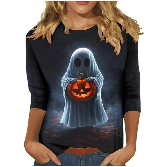 FDGIU 2025 Women's Plus Size Tunic Tops - Funny Halloween Novelty Shirts, 3/4 Length Sleeve Crew Neck Blouse, Loose Fit Casual Fall Winter Tops
