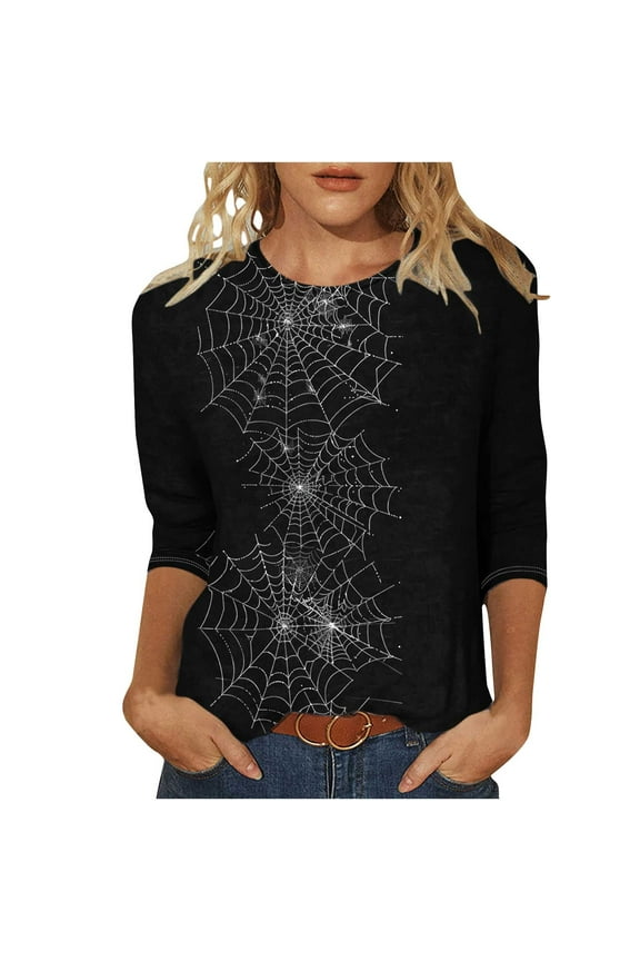 2025 Women's Plus Size Tunic Tops - Funny Halloween Novelty Shirts, 3/4 Length Sleeve Crew Neck Blouse, Loose Fit Casual Fall Winter Tops