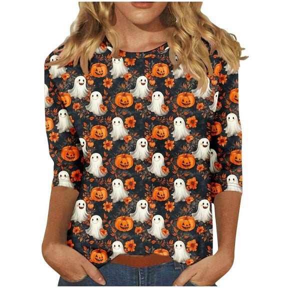 FDGIU 2025 Women's Plus Size Tunic Tops - Funny Halloween Novelty Shirts, 3/4 Length Sleeve Crew Neck Blouse, Loose Fit Casual Fall Winter Tops