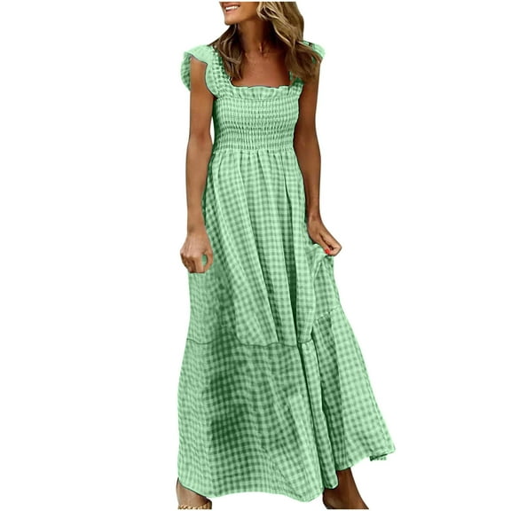 FDGIU 2025 Women's Square Neck Sleeveless Flowy A-Line Midi Dress - Wedding Guest & Beach Elegance