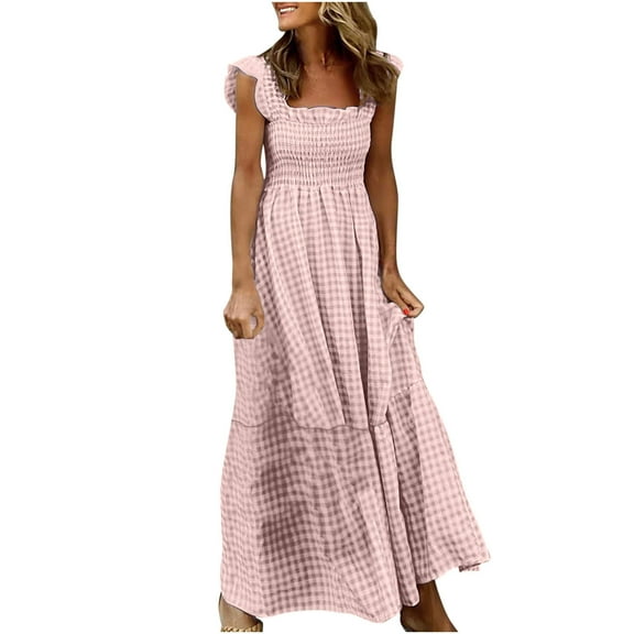 FDGIU 2025 Women's Square Neck Sleeveless Flowy A-Line Midi Dress - Wedding Guest & Beach Elegance