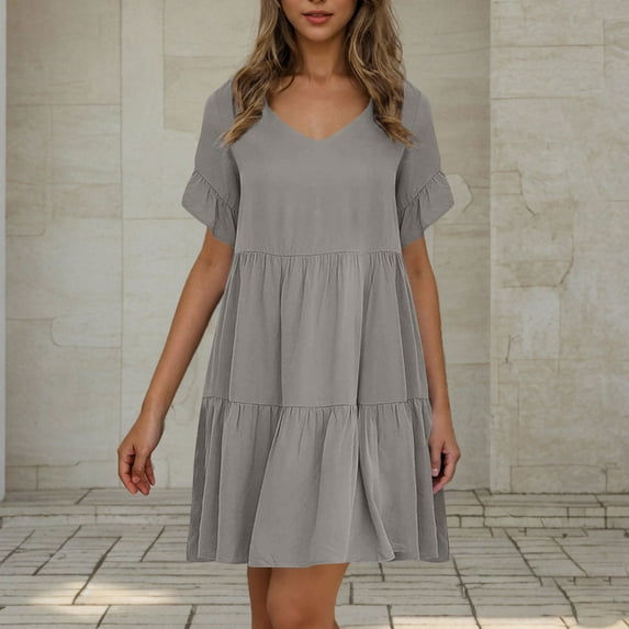 FDGIU 2025 Women's Summer Dresses Plus Size - V-Neck Pleated Ruffle Smocked Waist Sundress, Short Sleeve Flowy Midi Swing Dress for Beach Vacation/Casual