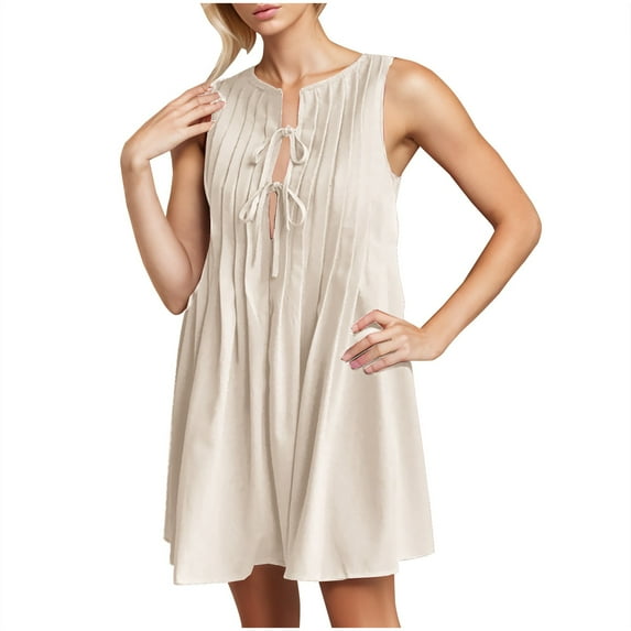 FDGIU 2025 Women's Swing Sundress - Sleeveless Pleated Scoop Neck Tank Dress for Summer Casual Wear