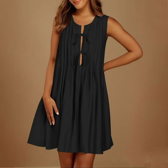 FDGIU 2025 Women's Swing Sundress - Sleeveless Pleated Scoop Neck Tank Dress for Summer Casual Wear