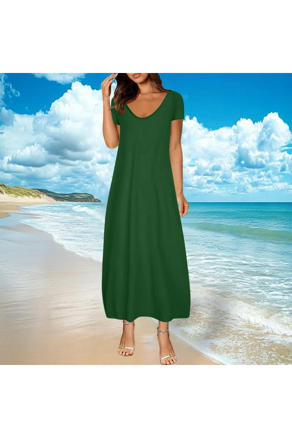 2025 Women's V-Neck Maxi Dress - Casual Short Sleeve Loose Fit Beach Sundress with Pockets, Jersey Knit A-Line Flowy Long Dress