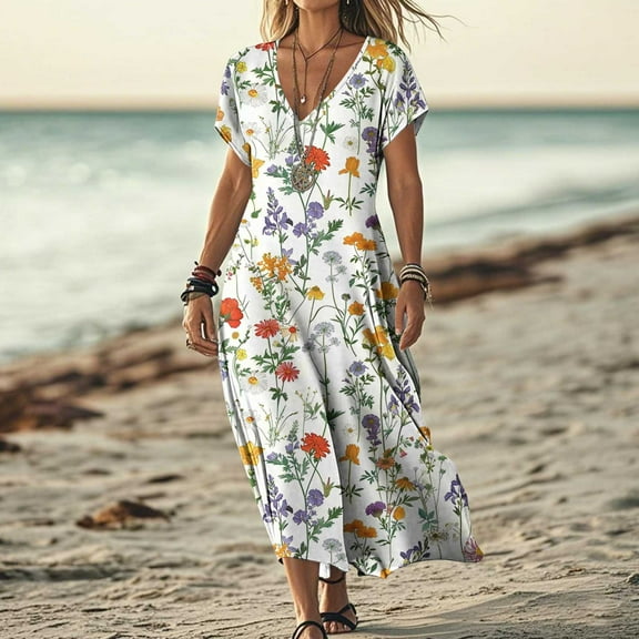 FDGIU 2025 Women's V-Neck Maxi Dress - Casual Short Sleeve Loose Fit Beach Sundress with Pockets, Jersey Knit A-Line Flowy Long Dress